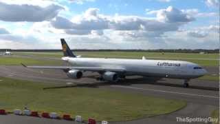 Airbus A340600  Lufthansa  Takeoff  Düsseldorf [upl. by Naelopan]