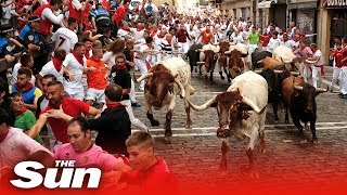 Pamplona Bull Run 2019 tumbles turns and injuries [upl. by Ossy]