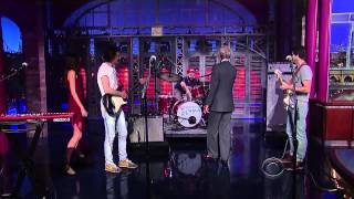 David Letterman asks about Houndmouths drums 7102013 [upl. by Alocin508]