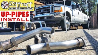 2001 F350 73  RiffRaff UpPipes Install  Stock up pipes leaking and falling apart JUNK SP [upl. by Yalhsa401]