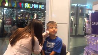 9 Year Old Boy Gets His Ears Pierced [upl. by Oatis]